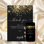 Black gold glitter sparkles script thank you card<br><div class="desc">A black background,  decorated faux gold glitter,  sparkles. Large hand lettered script and the text: Thank You.  Personalize and add your thank you note and name. 
White text.</div>