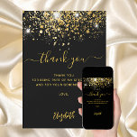 Black gold glitter sparkles thank you card<br><div class="desc">A black background,  decorated faux gold glitter,  sparkles. Large hand lettered script and the text: Thank You.  Personalize and add your thank you note and name.</div>
