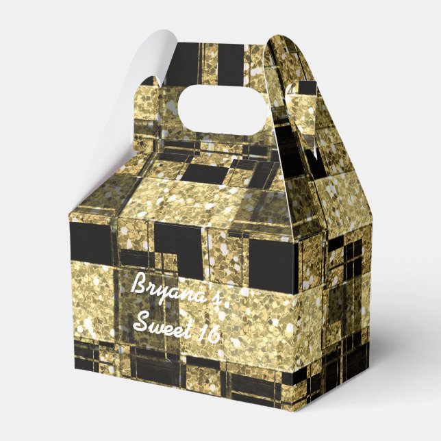 Black & Gold Glitter Squares Chic Party Favour Box (Front Side)