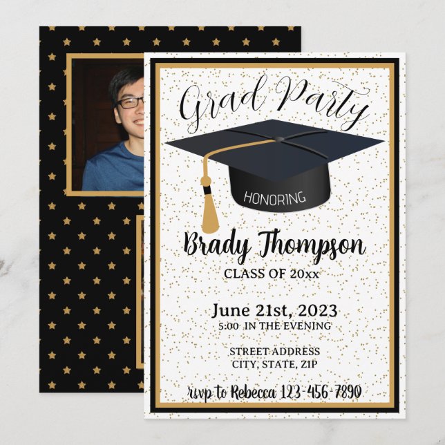 Black & Gold Glitter & Stars  2 Photo Grad Party Invitation (Front/Back)