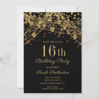 Black Gold Glitter String Lights 16th Birthday