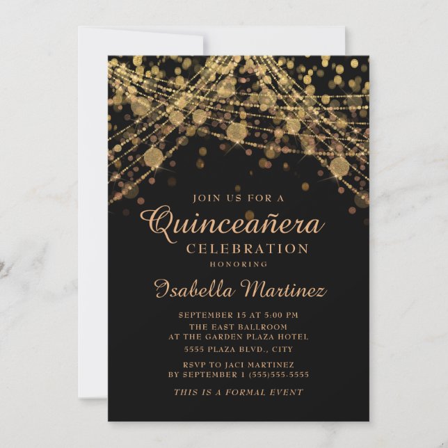 Black Gold Glitter String Lights Quinceañera  Invitation (Front)