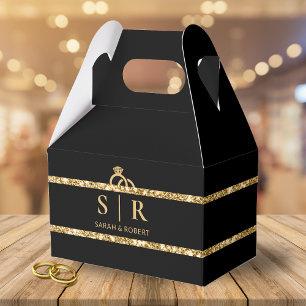 Black & Gold Glitter Strip Diamond Ring Wedding Favor Box