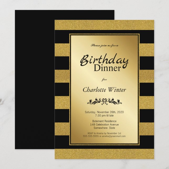 Black & Gold Glitter Striped Birthday Dinner Invitation (Front/Back)