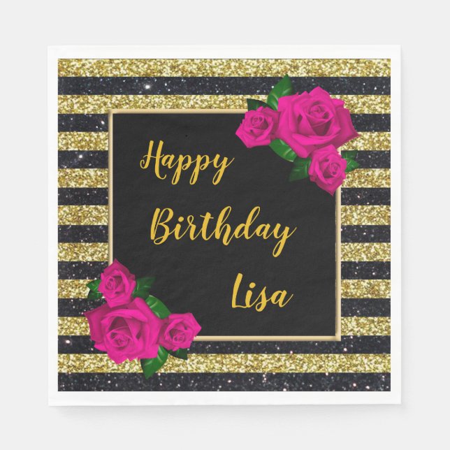 Black Gold Glitter Stripes Pink Roses Birthday Napkin (Front)