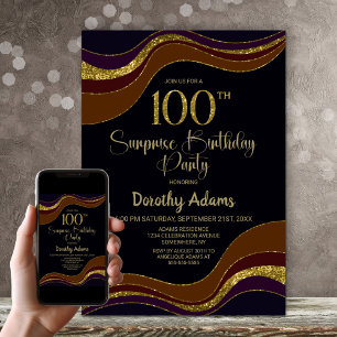 Black Gold Glitter Surprise 100th Birthday Party Invitation