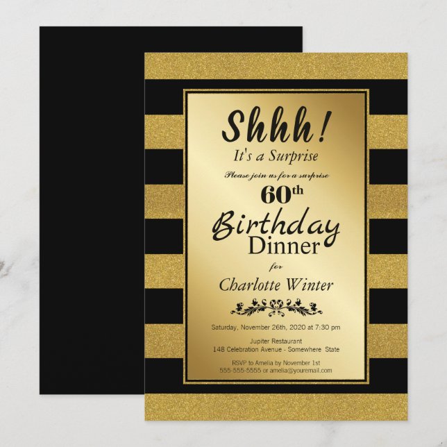 Black & Gold Glitter Surprise 60th Birthday Dinner Invitation (Front/Back)