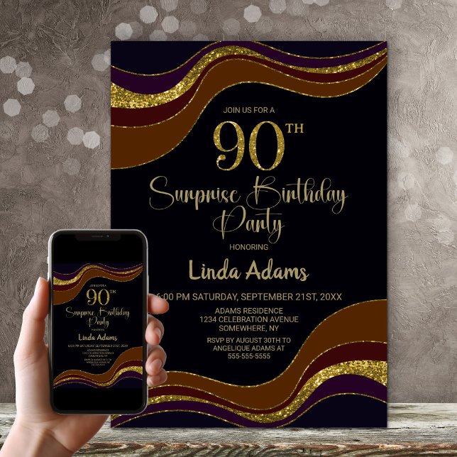 Black Gold Glitter Surprise 90th Birthday Party Invitation (Creator Uploaded)