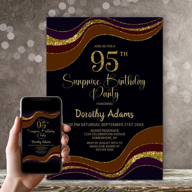 Black Gold Glitter Surprise 95th Birthday Party Invitation (Creator Uploaded)