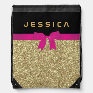 Black & Gold Glitter Texture With Pink Ribbon Drawstring Bag