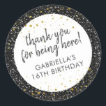 Black Gold Glitter Thank You Birthday Favour Classic Round Sticker<br><div class="desc">Black glitter and gold sparkle personalized thank you favour stickers for a fun and girly birthday party. All text is editable, so they are great for a little girl's 1st 5th, or 8th birthday, or a big girl's 13th 15th sweet 16th, 18th or 21st birthday or graduation. The "thank you...</div>