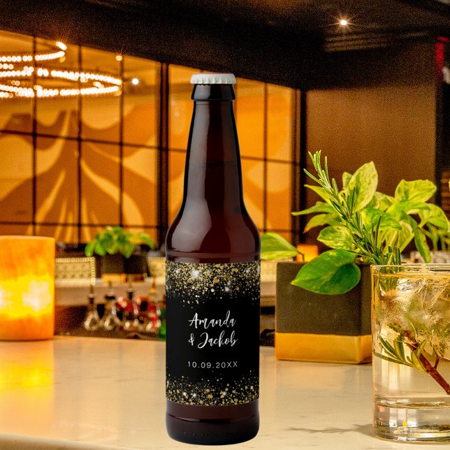 Black gold glitter wedding beer bottle label (Creator Uploaded)