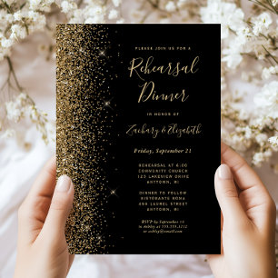 Black Gold Glitter Wedding Rehearsal Dinner Invitation