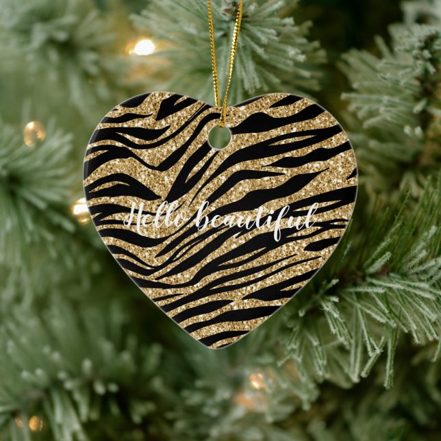 Black Gold Glitter Zebra Print Ceramic Ornament (Tree)