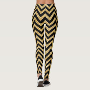 Black Gold Glitter Zigzag Stripes Chevron Pattern Leggings