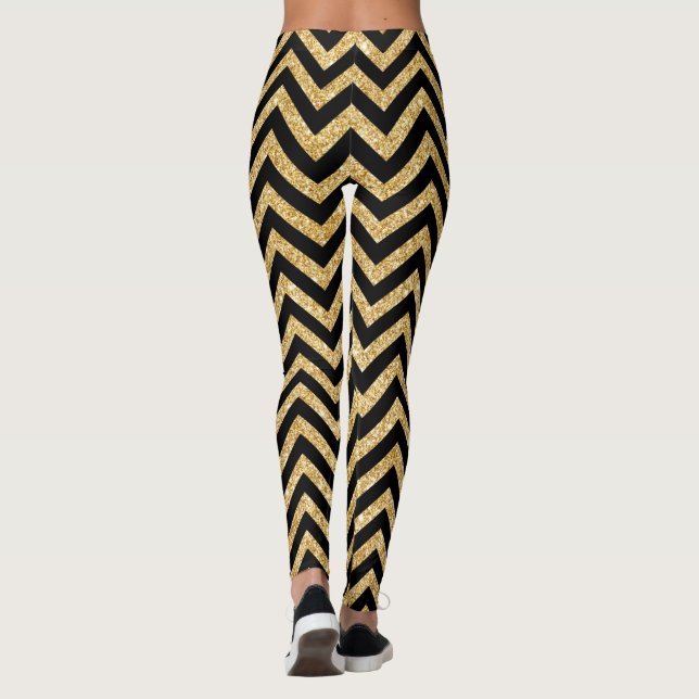 Black Gold Glitter Zigzag Stripes Chevron Pattern Leggings (Back)