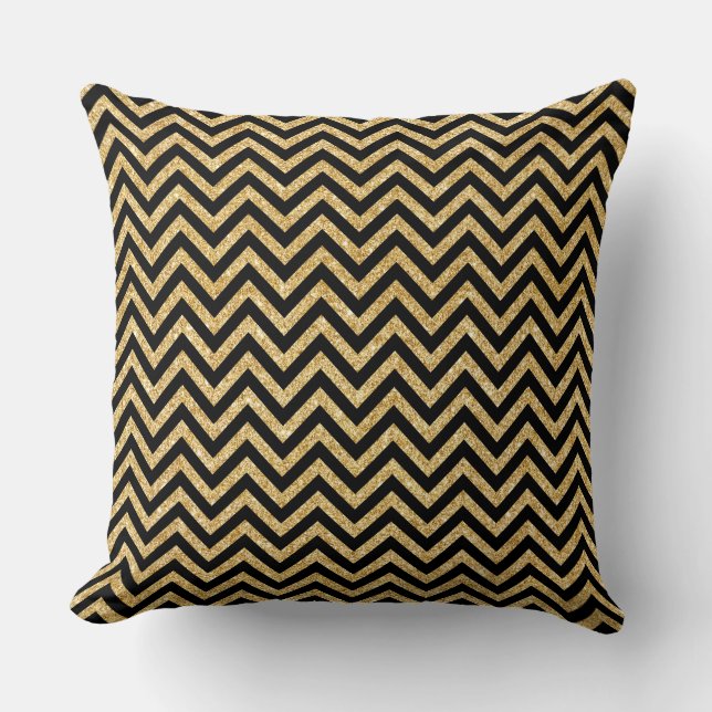 Black Gold Glitter Zigzag Stripes Chevron Pattern Throw Pillow (Front)
