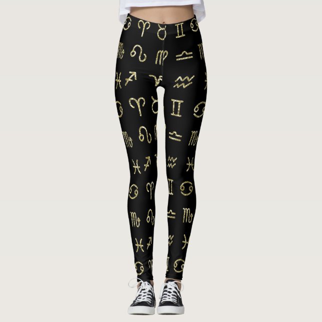 Black & Gold Glitter Zodiac Astrology Signs Leggings (Front)