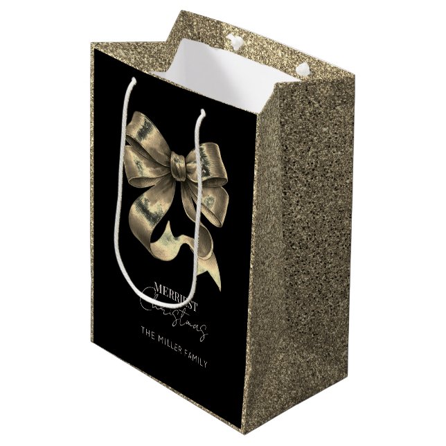 Black Gold Glittered Bow Christmas Medium Gift Bag (Front Angled)