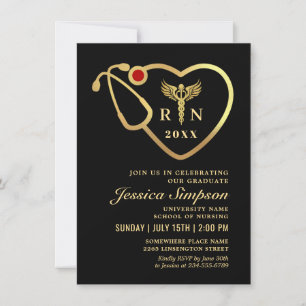 Black & Gold Glitters Nursing School Graduation Invitation