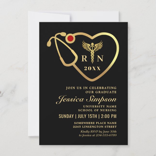 Black & Gold Glitters Nursing School Graduation Invitation (Front)
