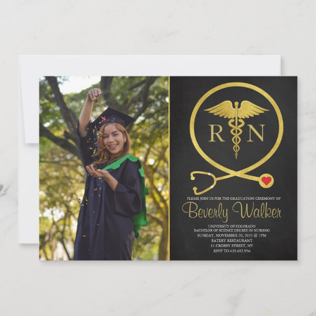 Black & Gold Glitters Nursing School Graduation Invitation (Front)