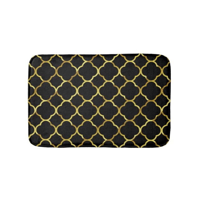 Black Gold Golden Quatrefoil Patterns Elegant Cool Bath Mat (Front)