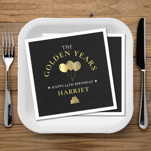 Black & Gold Golden Years 65th Birthday Napkin (Black & Gold Golden Years 65th Birthday Napkins)