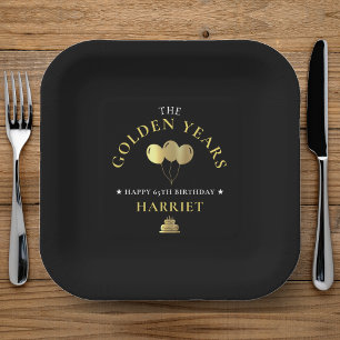 Black & Gold Golden Years 65th Birthday Paper Plate