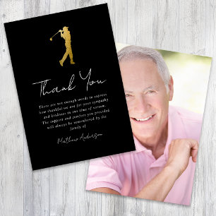Black Gold Golfer Photo Sympathy Funeral Thank You Card