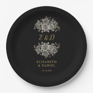Black Gold Goth Floral Monogram Wedding Paper Plate