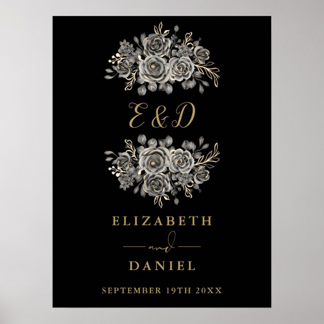 Black Gold Gothic Floral Monogram Wedding Sign (Front)