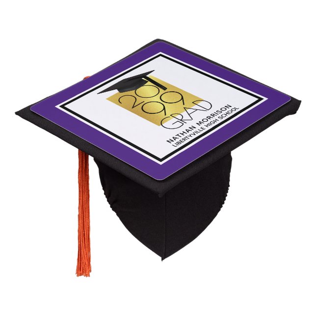 Black & Gold GRAD | Editable Purple | Personalized Graduation Cap Topper (Angled)