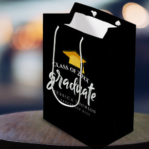 Black & Gold Grad Hat Graduation Party Favour Medium Gift Bag
