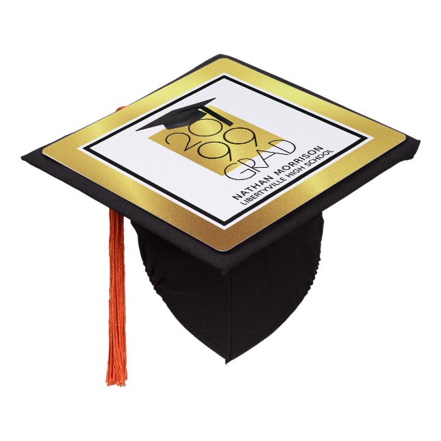 Black & Gold GRAD Personalized Graduation Cap Topper (Angled)