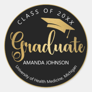 Black Gold Graduate Name Graduation  Classic Round Sticker