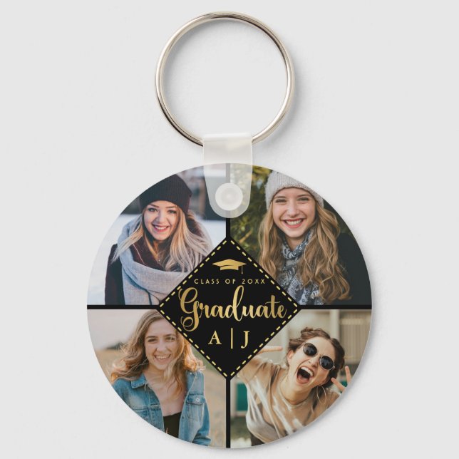 Black Gold Graduate Photo Collage Graduation  Keychain (Front)