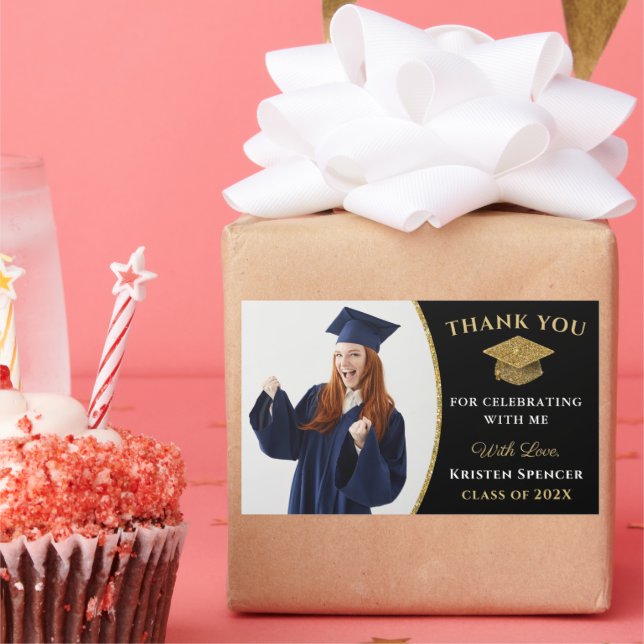 Black Gold Graduate Photo Graduation Thank You Sticker (Party)