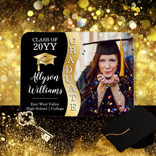 Black | Gold Graduate Wave Grad Cap Photo Magnet (Black and Gold Tone Graduate Wave Grad Cap Photo Magnet)