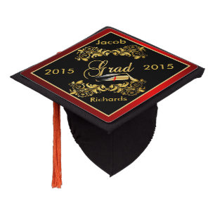 Black & Gold Graduate with Diy Year and Name Graduation Cap Topper