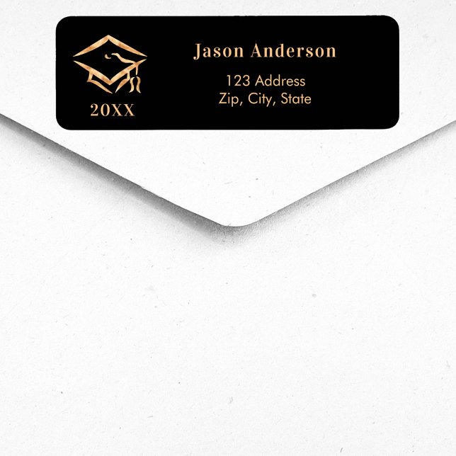 Black gold graduation cap return address (Creator Uploaded)
