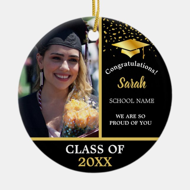 Black & Gold Graduation Custom Photo Class Of 2024 Ceramic Ornament (Front)