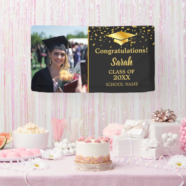 Black & Gold Graduation Custom Photo Class Of 2025 Banner (Party)