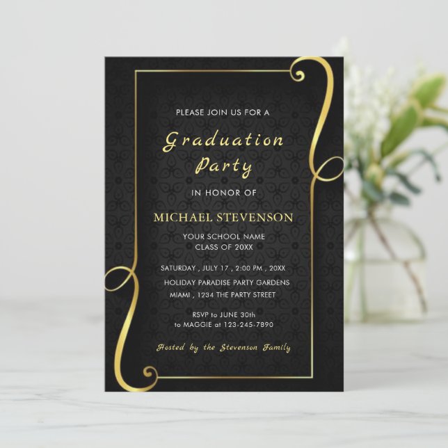 Black Gold Graduation Invitation Template (Standing Front)