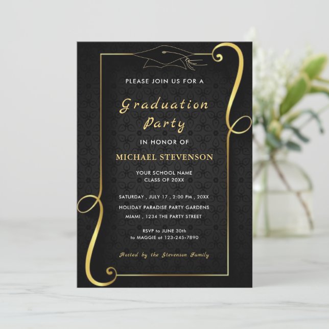 Black Gold Graduation Invitation with QR Code (Standing Front)