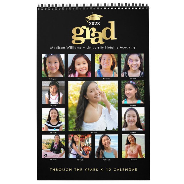 Black Gold Graduation K–12 Photo Collage 15 Month Calendar (Cover)
