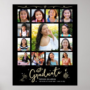 Black Gold Graduation K–12 Photo Collage Doodles Poster
