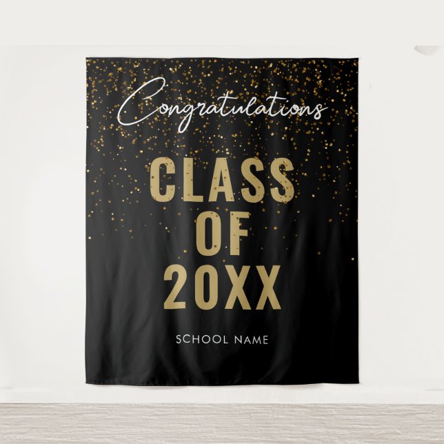 Black Gold Graduation Photo Booth Backdrop Tapestry (Front)