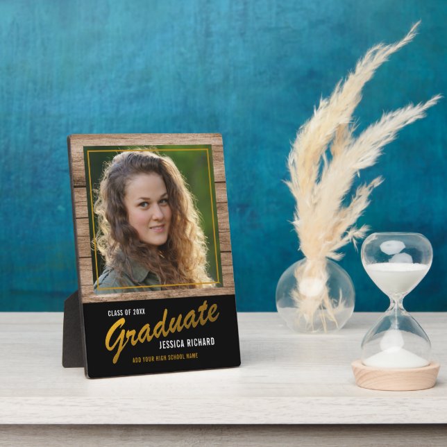 Black Gold Graduation Photo Keepsake Brown Wood Plaque (Side)