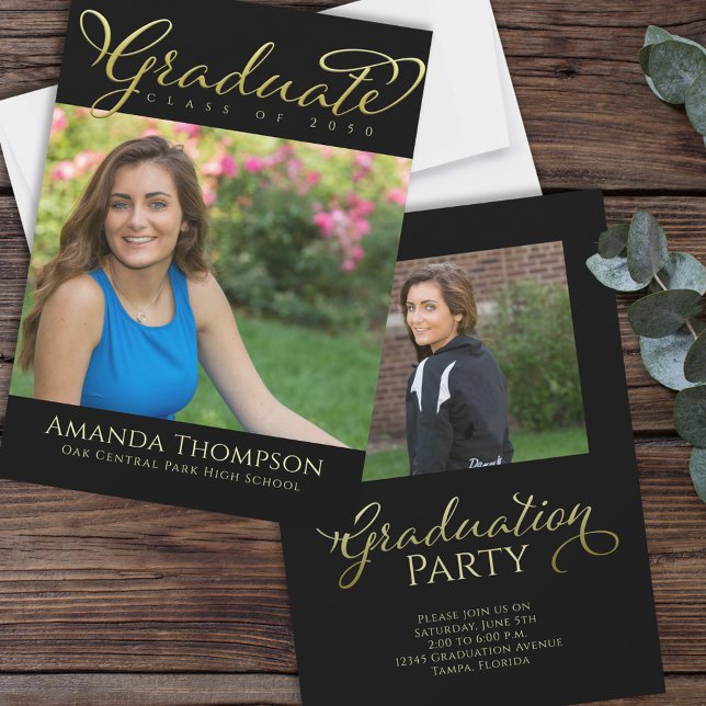 Black Gold Graduation Photo Party  Invitation (Creator Uploaded)